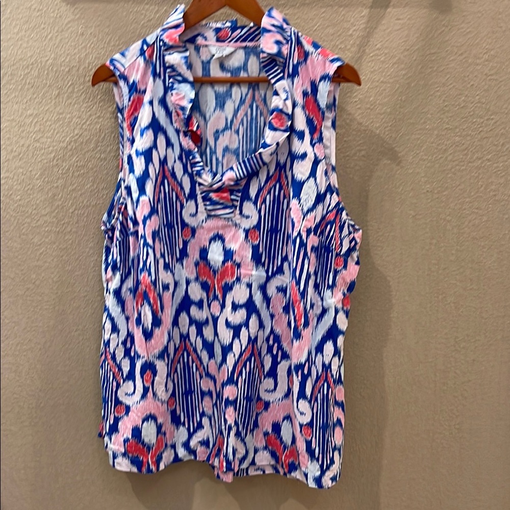 Crown & Ivy Sleeveless Linen Top - Blue and Pink 2X